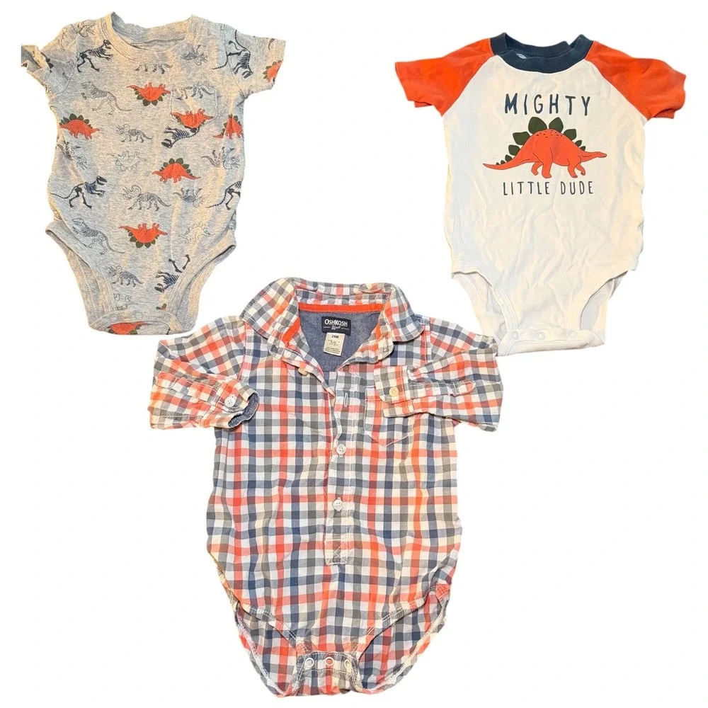 OshKosh Carter's Bodysuit Bundle Baby Boy 24M Orange Blue Dinosaur Plaid 3pc